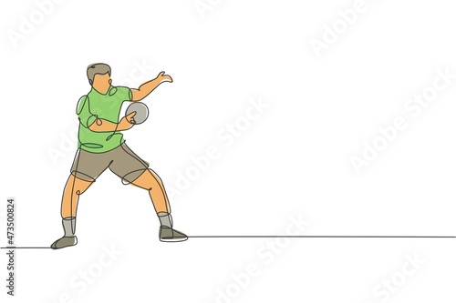 Single continuous line drawing of young agile man table tennis player hitting the ball. Sport exercise concept. Trendy one line draw design vector illustration for ping pong tournament promotion media