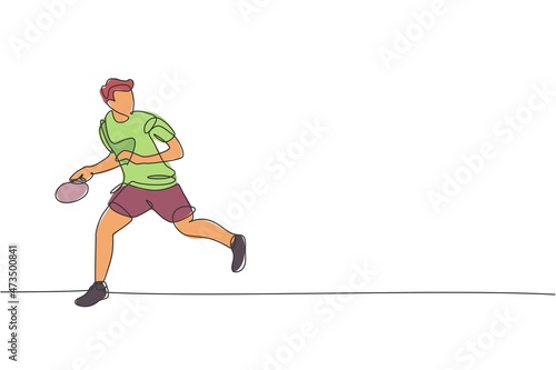 One single line drawing of young energetic man table tennis player run to catch the ball vector illustration. Sport training concept. Modern continuous line draw design for ping pong tournament banner