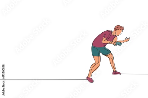 One single line drawing of young energetic man table tennis player ready to ball serving vector illustration. Sport training concept. Modern continuous line draw design for ping pong tournament banner