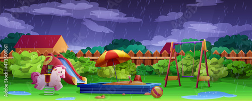 Kids playground at rainy weather with puddles. Summer garden with swing, slide and sandbox. Play area in backyard with lawn, sandpit and seesaw. Vector cartoon illustration activities for children.