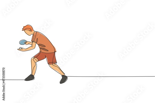 Single continuous line drawing of young agile man table tennis player do ball service. Sport exercise concept. Trendy one line draw design vector illustration for ping pong tournament promotion media