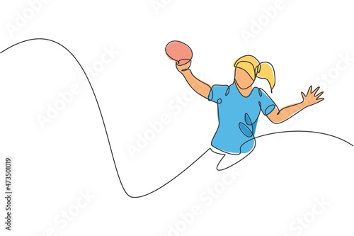 One single line drawing of young energetic woman table tennis player defense from rival vector illustration. Sport training concept. Modern continuous line draw design for ping pong tournament banner