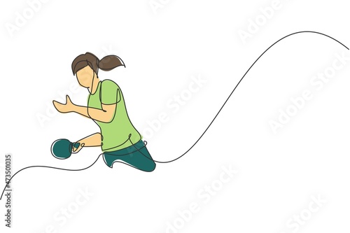 One continuous line drawing of young sporty woman table tennis player seriously take the serve. Competitive sport concept. Single line draw design vector illustration for ping pong championship poster