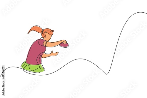 One continuous line drawing of young sporty woman table tennis player practicing her smash hit. Competitive sport concept. Single line draw design vector illustration for ping pong championship poster