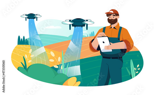 Flat farmer use tablet for control quadcopter drone to automate irrigation of agricultural field. Smart farming and innovation technology in agriculture. Farm industry, spray fertilizer concept.