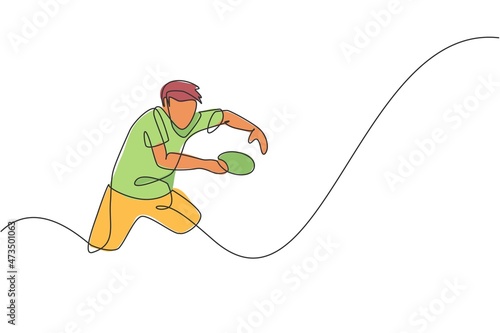 One continuous line drawing sporty man table tennis player stand to receive rival ball. Competitive sport concept. Single line draw design graphic vector illustration for ping pong championship poster