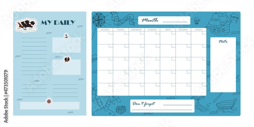 Vector set of weekly planner, to do list, note, background with doodle pirate print. School planner with doodle sketch. A map with a hand-drawn sketch of a mermaid ship and pirate items. Template for