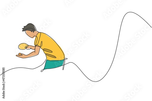 Single continuous line drawing of young agile man table tennis player focus to serve. Sport exercise concept. Trendy one line draw design vector illustration for ping pong tournament promotion media