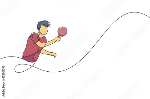 Single continuous line drawing of young agile man table tennis player focus practicing. Sport exercise concept. Trendy one line draw design vector illustration for ping pong tournament promotion media