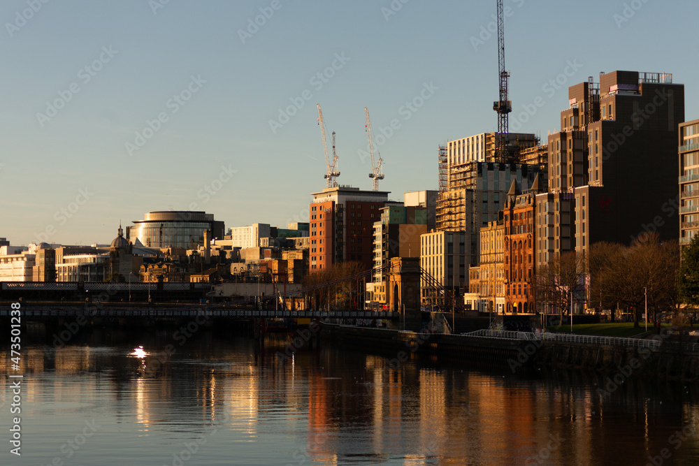 View of the Glasgow skyline from the river Clyde