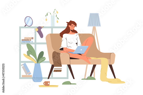Unofficial girl sitting on sofa with laptop and studying. Young woman freelancer working on computer. Remote online work on freelance. Home office concept. Flat vector Illustration.