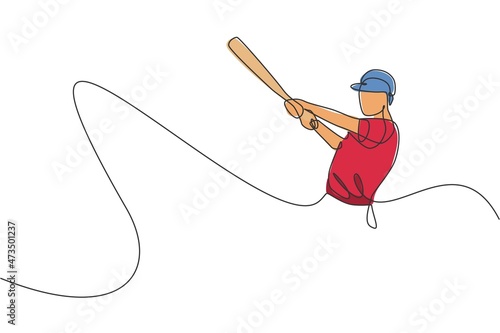 One continuous line drawing of young sporty man baseball player seriously practice at arena. Competitive sport concept. Dynamic single line draw design graphic vector illustration for promotion poster