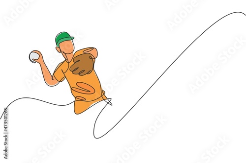 One single line drawing young energetic man baseball player throw the speed ball graphic vector illustration. Sport training concept. Modern continuous line draw design for baseball tournament banner