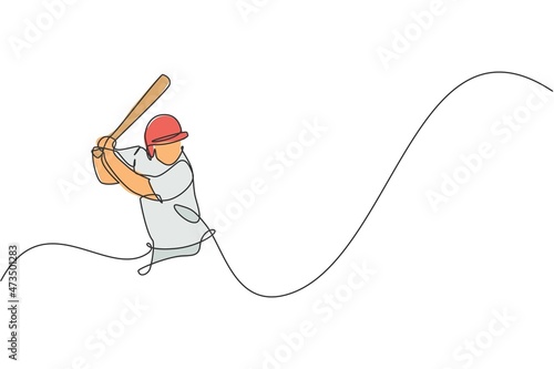 Single continuous line drawing of young agile man baseball player focus practice to hit the ball. Sport exercise concept. Trendy one line draw design vector illustration for baseball promotion media
