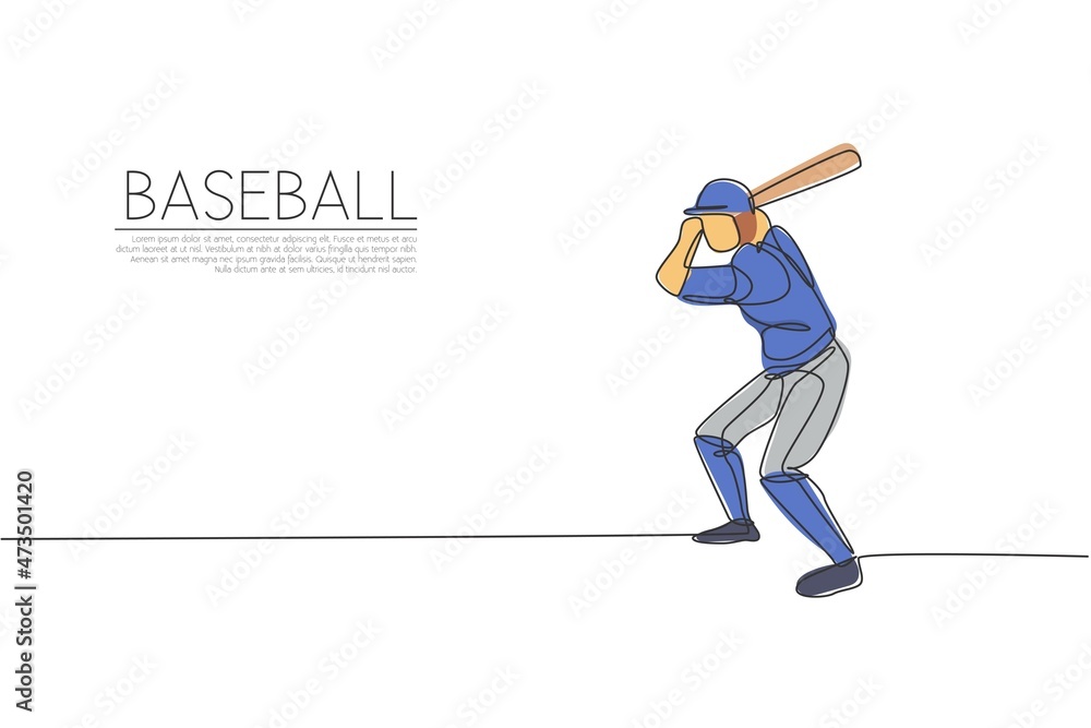 Obraz premium Single continuous line drawing young agile woman baseball player practice to hit the ball. Sport exercise concept. Trendy one line draw design graphic vector illustration for baseball promotion media