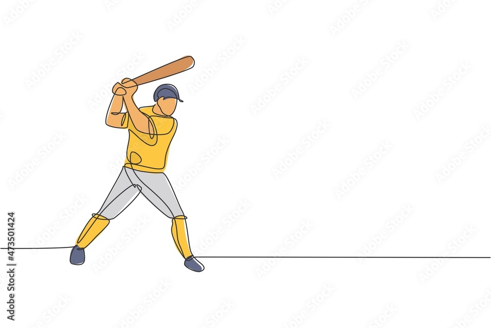 One continuous line drawing of young sporty man baseball player practice to hit the ball at field. Competitive sport concept. Dynamic single line draw design vector illustration for promotion poster