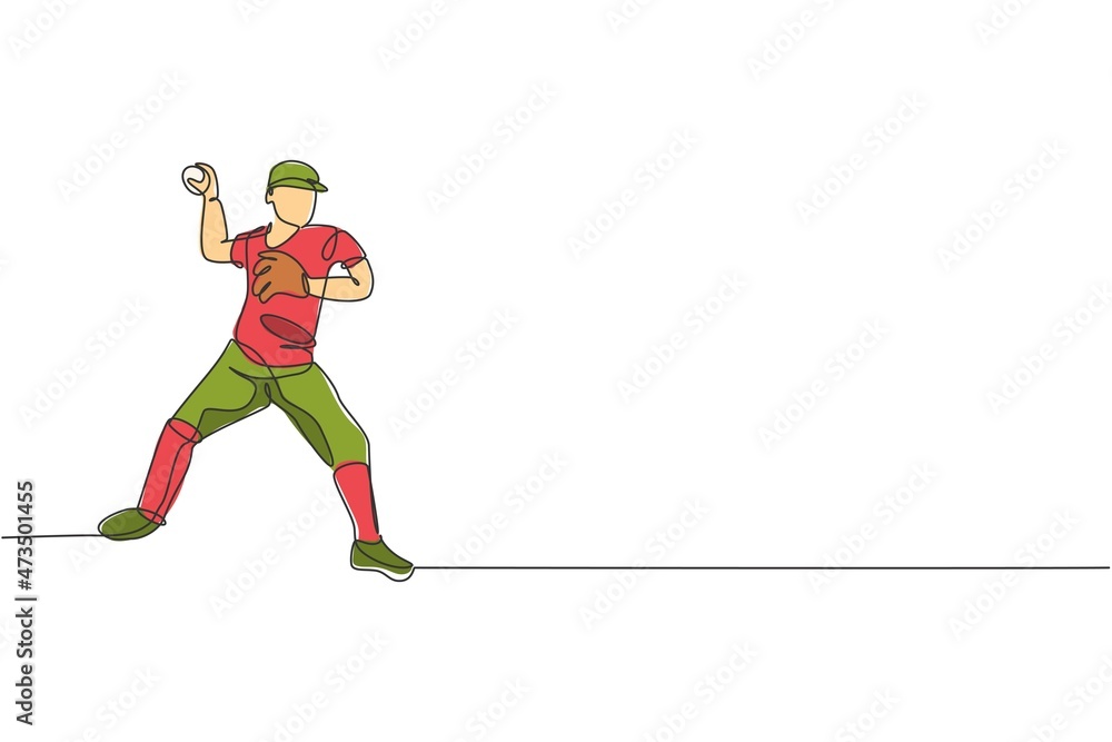 Obraz premium One continuous line drawing of young sporty man baseball player focus practice to throw the ball. Competitive sport concept. Dynamic single line draw design vector illustration for promotion poster