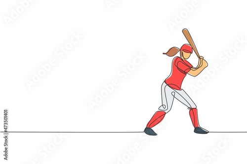 One single line drawing of young energetic woman baseball player practice to hit the ball vector illustration. Sport training concept. Modern continuous line draw design for baseball tournament banner