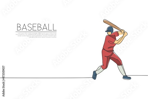 One single line drawing of young energetic man baseball player exercise to hit the ball vector illustration. Sport training concept. Modern continuous line draw design for baseball tournament banner