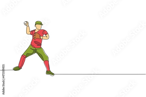 One continuous line drawing of young sporty man baseball player focus practice to throw the ball. Competitive sport concept. Dynamic single line draw design vector illustration for promotion poster
