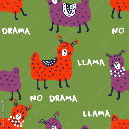 Doodle seamless pattern with lamas and white text NO DRAMA LLAMA. Perfect for T-shirt, textile and print. Hand drawn vector illustration for decor and design.
