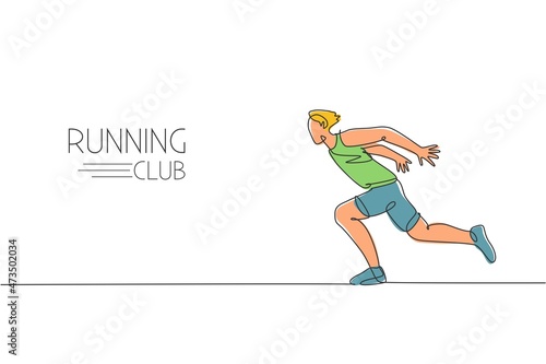 One single line drawing of young energetic man runner sprint run so fast vector illustration. Individual sports, training concept. Modern continuous line draw design for running competition banner © Simple Line