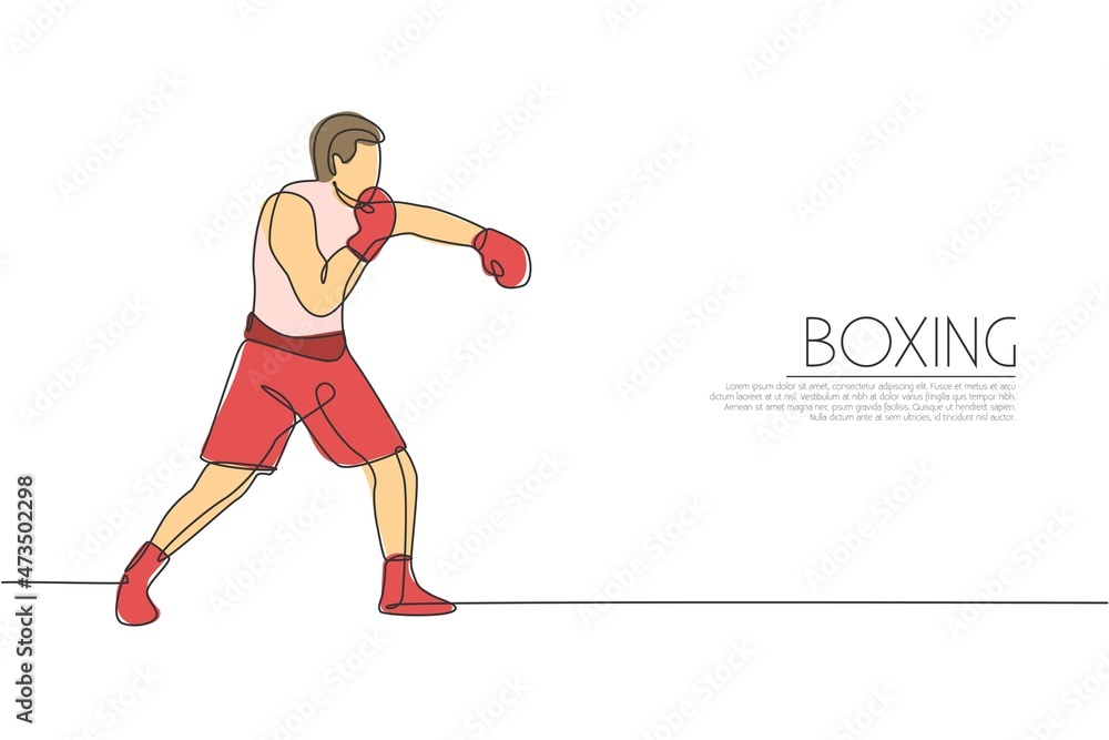 One single line drawing of young energetic man boxer improve his punch