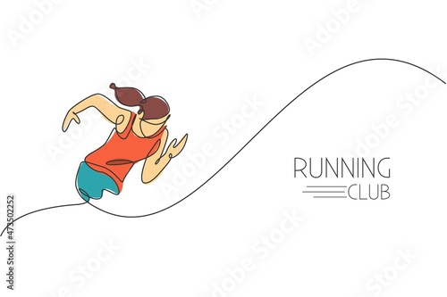 Photo One continuous line drawing of young woman athlete runner focus sprint run