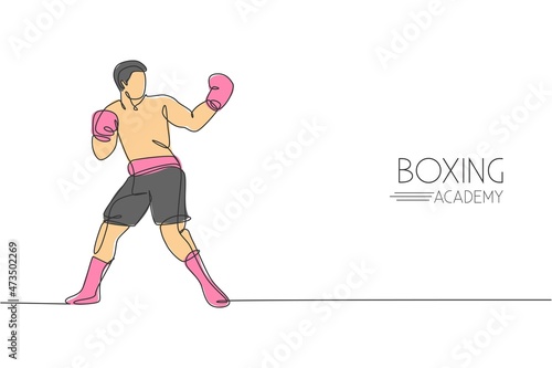 One continuous line drawing young sporty man boxer try to provoke rival. Competitive combat sport concept. Dynamic single line draw design graphic vector illustration for boxing match promotion poster