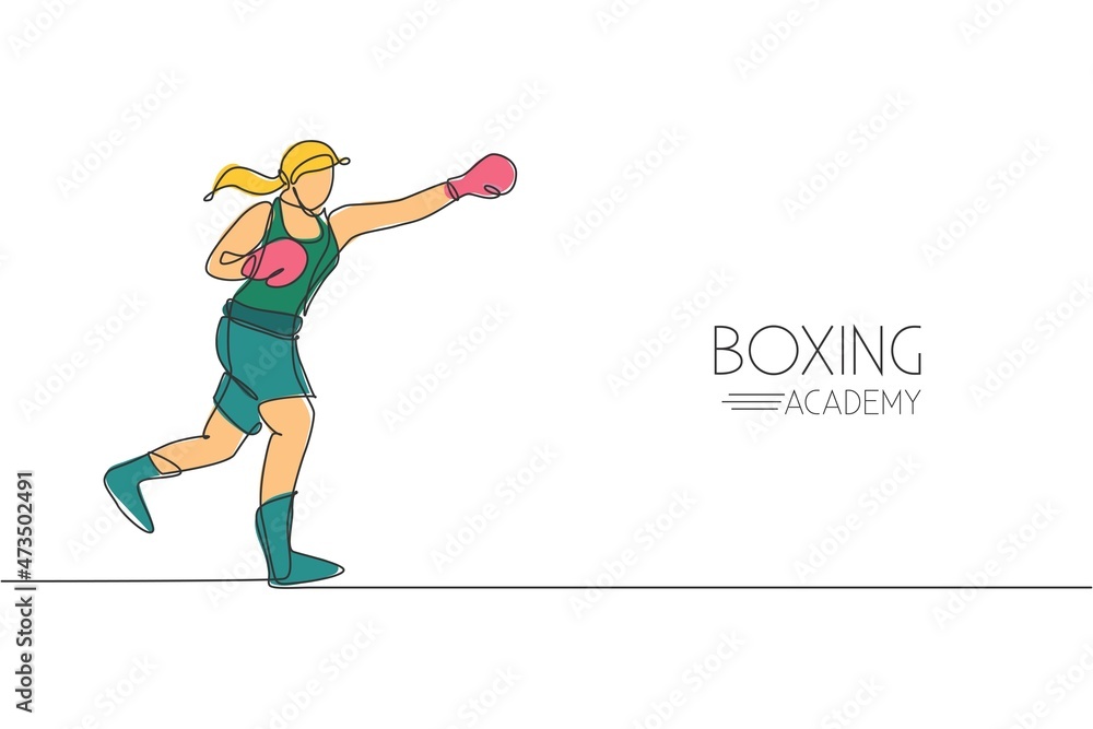 One single line drawing of young energetic woman boxer practice her jab punch vector illustration. Sport combative training concept. Modern continuous line draw design for boxing championship banner - obrazy, fototapety, plakaty 