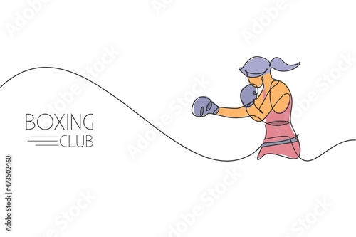 Single continuous line drawing of young agile woman boxer pose punch attack confidently. Fair combative sport concept. Trendy one line draw design vector illustration for boxing game promotion media