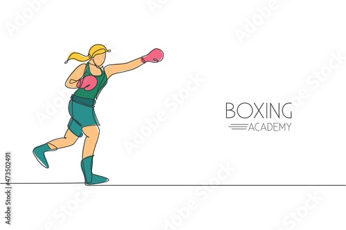 One single line drawing of young energetic woman boxer practice her jab punch vector illustration. Sport combative training concept. Modern continuous line draw design for boxing championship banner