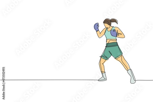 Single continuous line drawing of young agile woman boxer stance confidence at sport gym. Fair combative sport concept. Trendy one line draw design vector illustration for boxing game promotion media