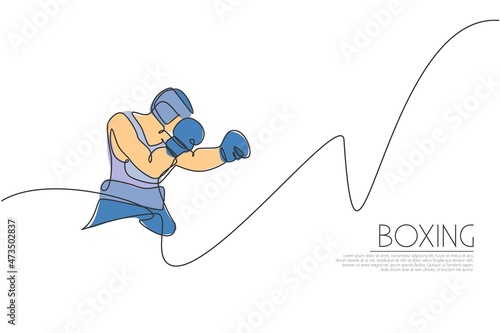 One continuous line drawing of young sporty man boxer cover his head with hands. Competitive combat sport concept. Dynamic single line draw design vector illustration for boxing match promotion poster