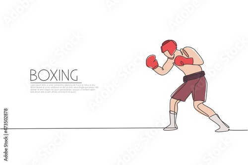 One single line drawing of young energetic man boxer focus practicing upper cut punch vector illustration. Sport combative training concept. Modern continuous line draw design for boxing event banner