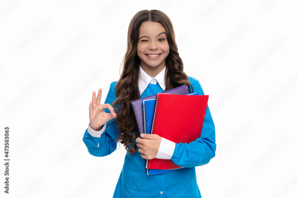 winking child long curly hair hold school workbook isolated on white show ok gesture, high school winking child long curly hair hold school workbook isolated on white show ok gesture, high school
