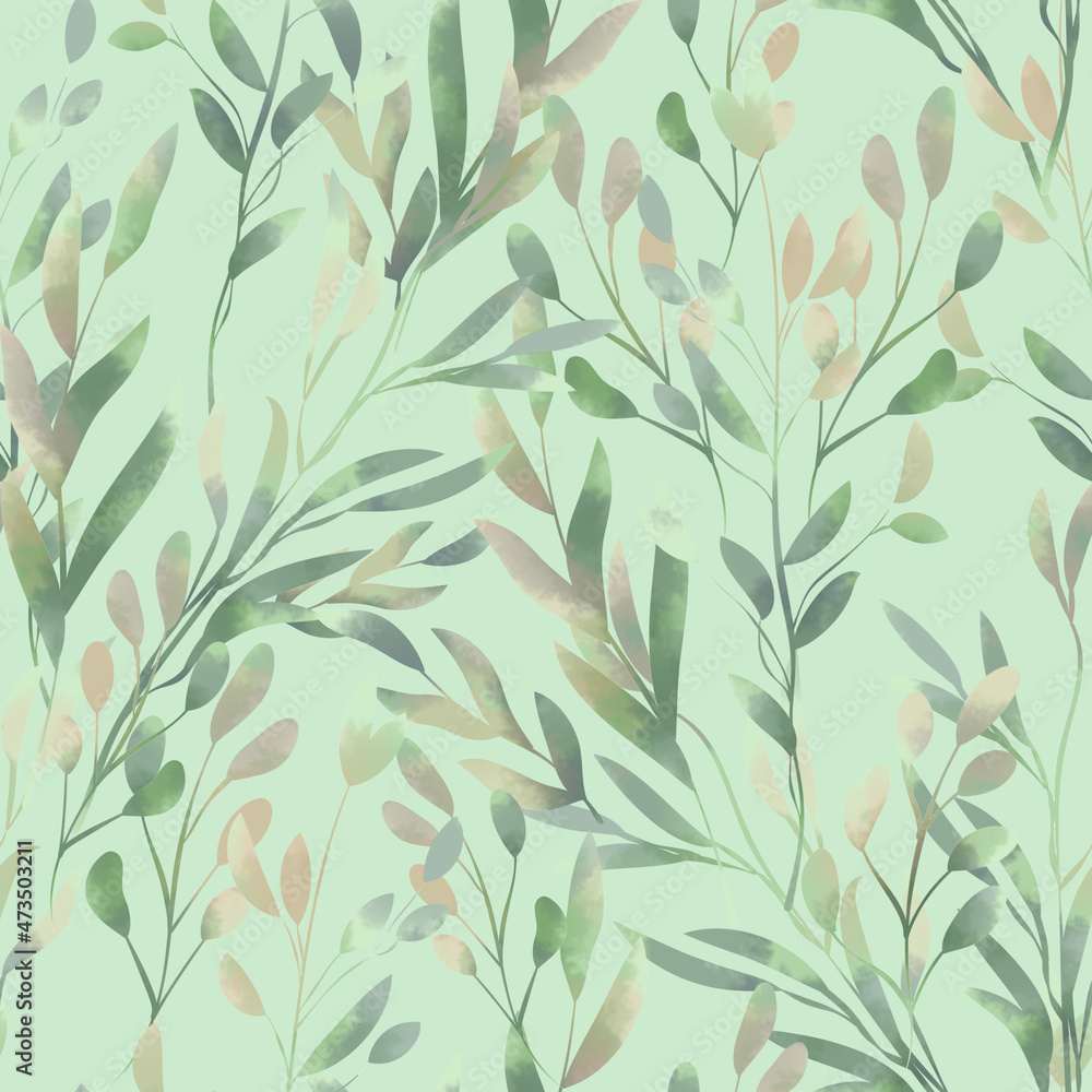 Spring foliage. Seamless pattern in a watercolor style. Background for fabric, wallpaper, postcards. Spring foliage. Seamless pattern in a watercolor style. Background for fabric, wallpaper, postcards.