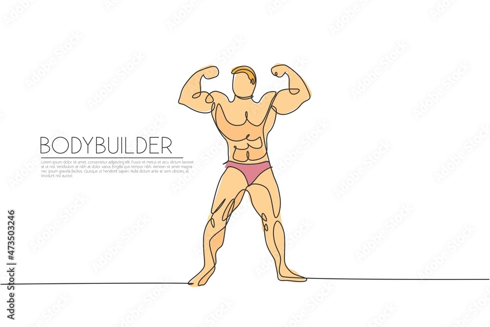 Single continuous line drawing of young muscular model man bodybuilder ...