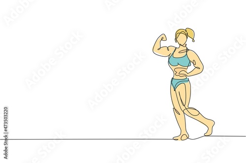 Single continuous line drawing of young muscular model woman bodybuilder posing elegantly. Fitness gym logo. Trendy one line draw design vector illustration for budybuilding icon and symbol template