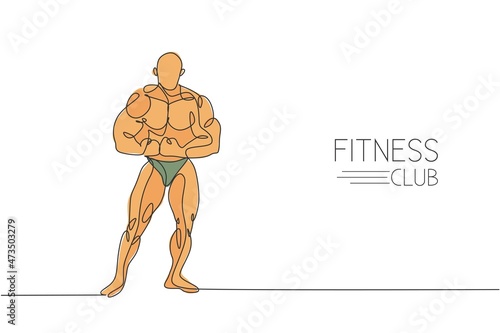 One single line drawing of young energetic model man bodybuilder pose vector illustration. Healthy workout in fitness center concept. Modern continuous line draw design for bodybuilding club logo icon