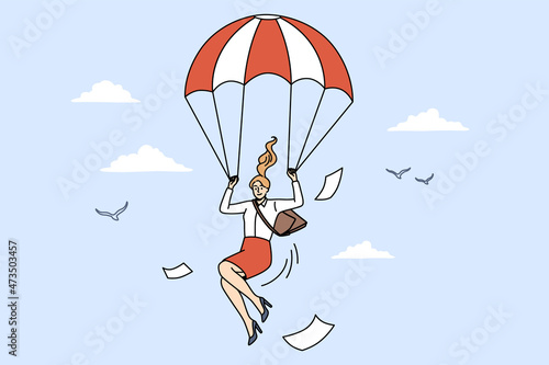 Business strategy and evacuation concept. Smiling positive business woman flying down with papers holding red white parachute in sky vector illustration 
