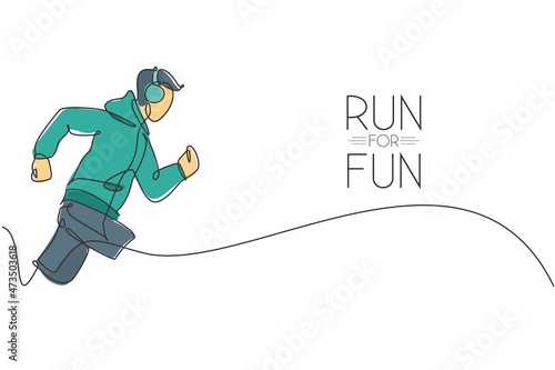 One continuous line drawing young sporty man runner focus run while listening music. Health activity sport concept. Dynamic single line draw design vector graphic illustration for running event poster