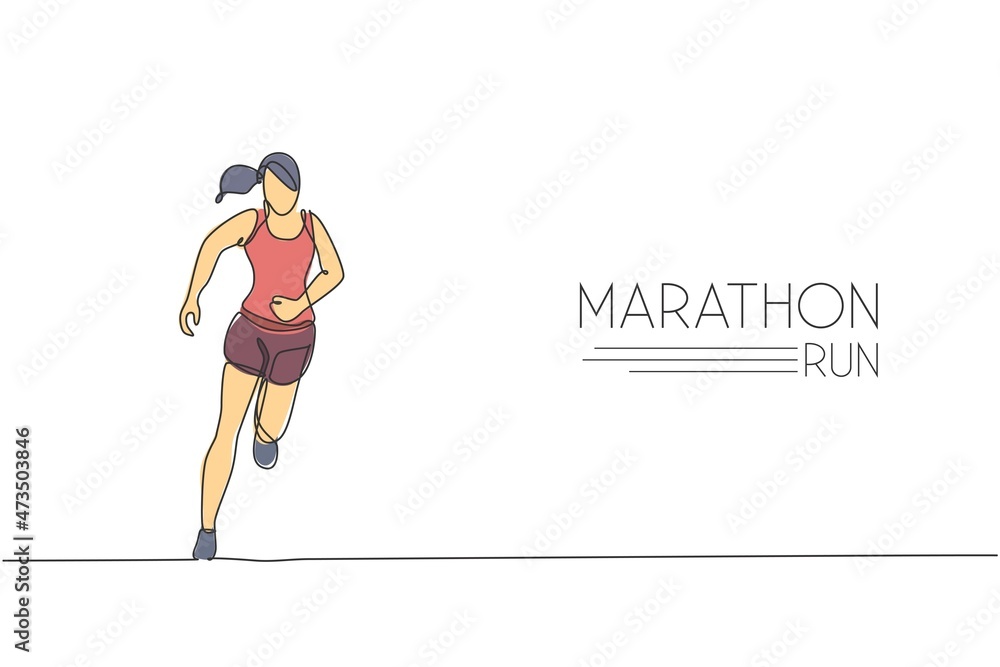 Single continuous line drawing of young agile woman runner hobby to run relax and calm. Healthy sport action concept. Trendy one line draw design graphic vector illustration for running race promotion