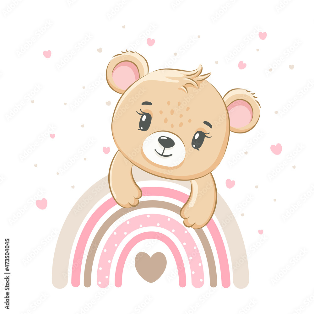 Cute teddy bear girl on a rainbow. Vector illustration of a cartoon. Stock  Vector