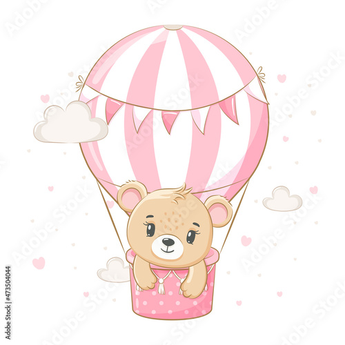 Cute teddy bear girl is flying in a balloon. Vector illustration of a cartoon.