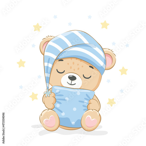Cute teddy bear is sleeping sweetly. For a boy. Vector illustration of a cartoon.