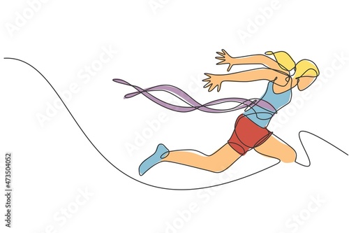 One continuous line drawing young sporty woman runner crosses finish line. Health activity sport concept. Dynamic single line draw design graphic vector illustration for running event promotion poster