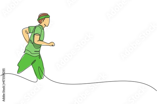 One continuous line drawing of young sporty runner man relax running at countryside. Healthy lifestyle and fun jogging sport concept. Dynamic single line draw design graphic vector illustration