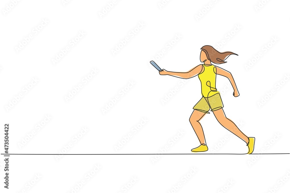 One continuous line drawing of young sporty runner woman try to pass baton stick to her teammate. Healthy lifestyle and fun jogging sport concept. Dynamic single line draw design vector illustration