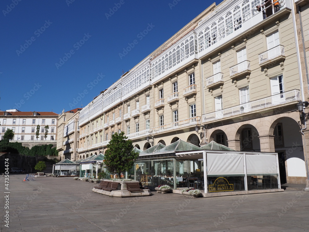 Frontage on main square in A Coruna city in Spain